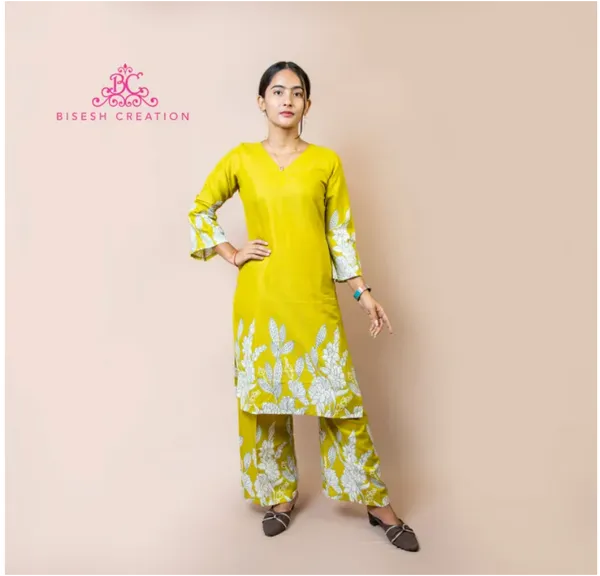 Bisesh Creation Yellow V-Neck Floral Printed Straight Kurta Pant Set  For Women